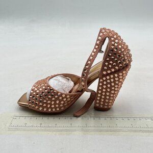 FSJ Gold Peep Toe Ankle Strap Chunky Heel Rhinestone Sandals